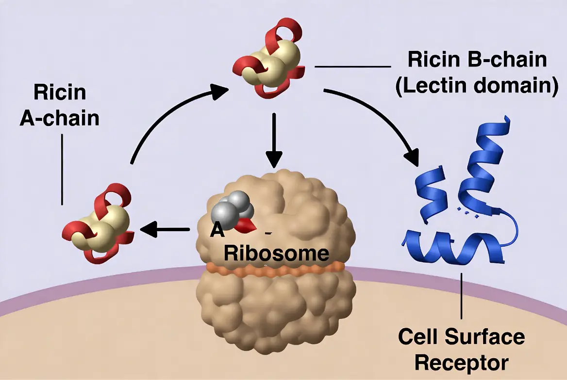 A diagram illustrating the ricin A-chain mechanism and B-chain lectin domain attacking a cell's ribosome.