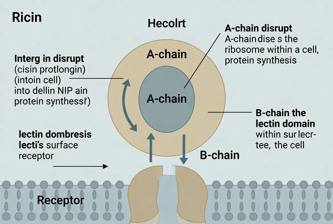 A diagram illustrating the ricin A-chain mechanism and B-chain lectin domain attacking a cell's ribosome.
