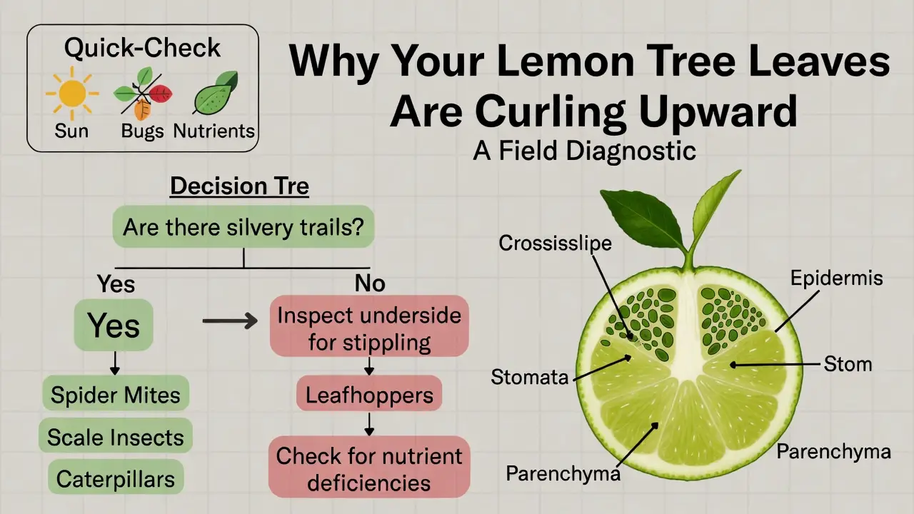Why are my lemon tree leaves curling upward? - Potassium deficiency yellowing and curling