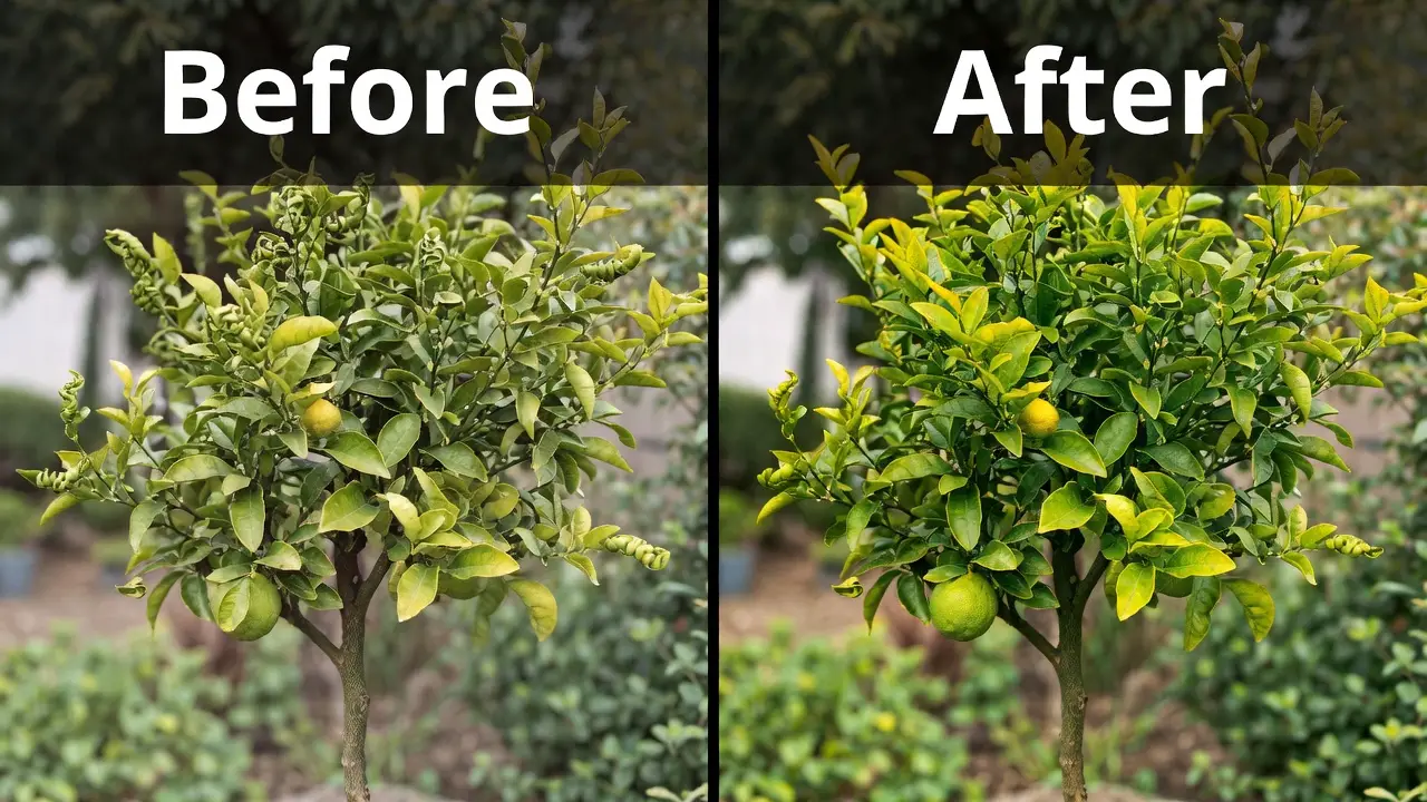 Meyer Lemon tree, showing the cigar-shaped curled leaves vs. healthy, flat leaves after soil cooling